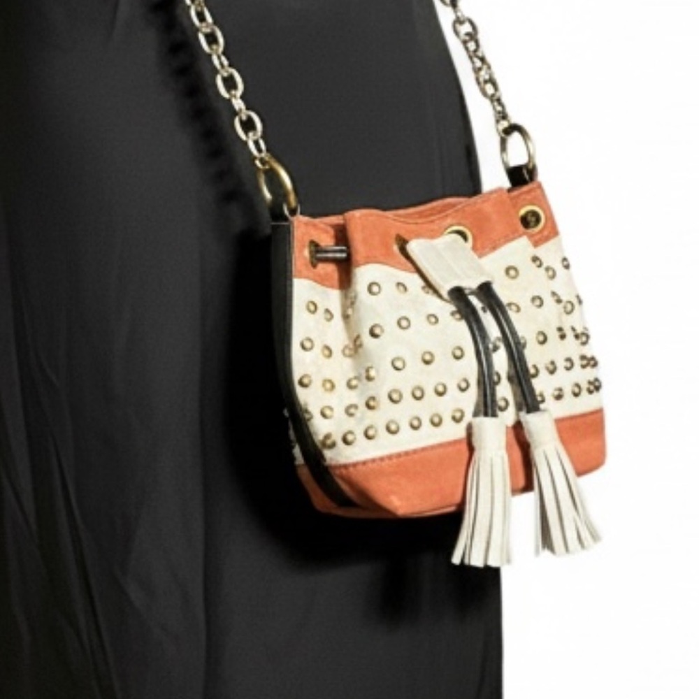DVF Diane von Furstenberg Studded Mini Bucket Bag Leather Suede Crossbody Rare - Picture 2 of 6